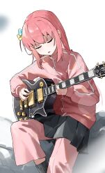  1girl absurdres bocchi_the_rock! closed_eyes commentary_request cube_hair_ornament electric_guitar feet_out_of_frame full_body gibson_les_paul gotoh_hitori guitar hair_between_eyes hair_ornament highres holding holding_guitar holding_instrument holding_plectrum instrument jacket long_hair long_sleeves music one_side_up open_mouth pants pants_under_skirt pink_hair pink_jacket pink_pants playing_instrument plectrum side_ahoge sidelocks sitting solo tianqing_miaofa_hao track_jacket white_background 