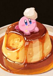  blue_eyes blush_stickers closed_mouth commentary food food_focus food_on_face highres kirby kirby_(series) miclot no_humans pudding solo syrup 