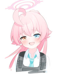  1girl :d absurdres ahoge aqua_necktie blue_archive blue_eyes blush bulletproof_vest collared_shirt commentary_request cropped_torso crossed_bangs fang hair_between_eyes hair_flaps halo heterochromia highres hoshino_(armed)_(blue_archive) hoshino_(blue_archive) huge_ahoge long_hair looking_at_viewer necktie official_alternate_costume open_mouth orange_eyes petako_(ptpt_k) pink_hair pink_halo ponytail shirt sidelocks simple_background skin_fang smile solo upper_body white_background white_shirt 