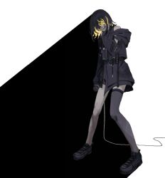  black_hair black_jacket black_shoes blonde_streaks cable cometik_note_(idolmaster) detached_sleeves hands_on_own_face highres holding holding_microphone hood hoodie idolmaster idolmaster_shiny_colors ikaruga_luca jacket microphone multicolored_hair numune shadow shoes single_thighhigh sneakers streaked_hair thigh-highs two-tone_hair white_background 