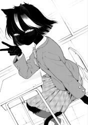  1girl animal_ears blazer blush body_fur cat_ears cat_girl chair commentary_request desk dutch_angle furry furry_female greyscale highres jacket kamoku_dakedo_mechakucha_nori_no_ii_kuroneko-chan kuroi_kuroneko_(katsumata_hiroki) long_sleeves looking_at_viewer monochrome morimoto_atsushi multicolored_hair plaid_clothes plaid_skirt pleated_skirt school_desk school_uniform sitting skirt solo tail two-tone_hair v 