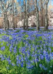  bare_tree blue_sky bluebell_(flower) commentary day england english_commentary field flower flower_field forest highres kate_avery nature no_humans oil_painting_(medium) original outdoors painting_(medium) purple_flower scenery sky traditional_media tree 