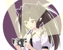  1girl black_necktie bow brown_eyes brown_hair camera commentary frilled_shirt_collar frills frown hair_bow hat himekaidou_hatate holding holding_camera light_rays long_hair mfng235717 necktie open_mouth pointy_ears puffy_short_sleeves puffy_sleeves purple_background purple_bow purple_hat shirt short_sleeves single-lens_reflex_camera solo tokin_hat touhou twintails white_shirt wing_collar 