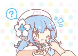  1girl 1other ;t ? aged_down ahoge beret blue_bow blue_hair blush_stickers bow chibi closed_mouth commentary_request flower food food_on_face fur_trim gradient_hair hair_flower hair_ornament hat heart heart_ahoge holding holding_spoon hololive long_hair mitarashi_neko multicolored_hair multicolored_polka_dots notice_lines one_eye_closed out_of_frame pink_hair plate pointy_ears polka_dot polka_dot_background shirt solo_focus spoken_question_mark spoon streaked_hair very_long_hair virtual_youtuber wavy_mouth white_background white_flower white_hat white_shirt yukihana_lamy yukihana_lamy_(1st_costume) 