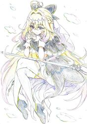  1girl absurdres antenna_hair black_capelet black_dress blonde_hair blush brooch capelet closed_mouth commentary_request crossed_legs cure_arcana_shadow diamond_hairband dress frilled_capelet frilled_cuffs frills hair_intakes heart heart_brooch highres invisible_chair jewelry kitazinger long_hair looking_at_viewer magical_girl meitantei_precure! moria_luluka precure purple_veil rod sitting sketch smile tear_arcana_rod thigh-highs veil zettai_ryouiki 