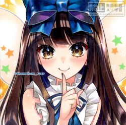  1girl blue_bow blue_dress blue_ribbon blush bow brown_eyes brown_hair chacham closed_mouth commentary_request dress fairy fairy_wings hair_bow long_hair looking_at_viewer neck_ribbon ribbon sleeveless sleeveless_dress smile solo star_sapphire touhou traditional_media twitter_username watermark wings 