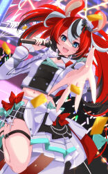  1girl absurdres animal_ears black_streaks blue_eyes blush english_commentary hakos_baelz highres hiro_(phese) holding holding_microphone hololive hololive_english hololive_idol_uniform_(bright) jacket long_hair microphone mouse_ears mouse_girl multicolored_hair official_alternate_costume open_mouth outstretched_arm red_hair skirt smile solo streaked_hair thigh_strap twintails virtual_youtuber white_jacket white_skirt white_streaks 