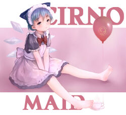  1girl apron balloon barefoot blue_bow blue_hair blush bow bowtie cirno closed_mouth commentary detached_wings dress english_commentary english_text enmaided hair_bow highres ice ice_wings looking_at_viewer maid maid_apron maid_headdress puffy_short_sleeves puffy_sleeves red_bow red_bowtie short_hair short_sleeves sitting soles solo toes touhou vapor_bottle_(pixiv_101375057) white_apron wings yellow_eyes 