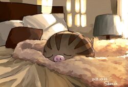  bed bed_sheet bedroom blanket closed_eyes commentary dated highres indoors lamp no_humans oguraan on_bed pig_snout pillow pokemon pokemon_(creature) pokemon_focus solo swinub untranslatable_commentary 
