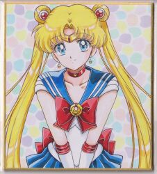  1girl back_bow bishoujo_senshi_sailor_moon blonde_hair blue_eyes blue_sailor_collar blue_skirt bow breasts chikoto_(kztc4472) choker closed_mouth collarbone colorful_background commentary crescent crescent_choker crescent_earrings double_bun earrings elbow_gloves gem gloves gold_tiara hair_bun hair_ornament highres jewelry leotard lone_nape_hair long_hair looking_at_viewer magical_girl medium_breasts miniskirt parted_bangs photo_(medium) picture_frame pleated_skirt red_bow red_choker red_gem red_trim sailor_collar sailor_moon sailor_senshi_uniform short_sleeves skirt smile solo straight-on tiara traditional_media transformation_brooch_(sailor_moon) tsukino_usagi twintails very_long_hair white_gloves white_leotard 