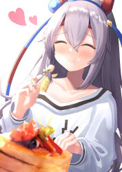  1girl animal_ears blue_hairband blush breasts closed_eyes closed_mouth collarbone commentary_request ear_covers eating food food_on_face fork grey_hair guram hair_between_eyes hairband headband heart highres holding holding_fork horse_ears horse_girl long_hair long_sleeves multicolored_hairband pancake pancake_stack red_headband shirt single_bare_shoulder small_breasts smile solo striped_clothes striped_hairband tamamo_cross_(casual)_(umamusume) tamamo_cross_(umamusume) two-tone_hairband umamusume very_long_hair white_shirt 