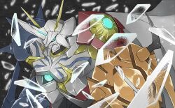  armor blue_eyes broken_glass cape commentary_request digimon digimon_(creature) glass grey_background highres horns mecha omegamon omegamon_x-antibody robot solo upper_body white_armor white_cape ya_yay 