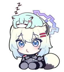  2girls animal_ears blonde_hair blue_archive commentary_request double_bun fluffy_tail green_hair hair_bun halo hand_on_another's_shoulder hand_on_another's_waist holding long_hair looking_at_viewer multiple_girls nodoka_(blue_archive) nodoka_(hot_spring)_(blue_archive) nueong purple_halo red_eyes red_halo shigure_(blue_archive) shigure_(hot_spring)_(blue_archive) short_hair violet_eyes 