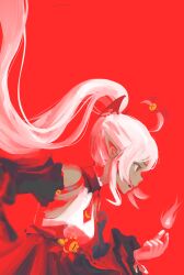  1girl bare_shoulders black_skirt commentary eughfish fire general_geega hair_ornament head_wings high_ponytail highres long_hair necktie open_mouth pointy_ears ponytail red_background red_eyes red_necktie shirt skirt virtual_youtuber vshojo white_hair white_shirt wings 