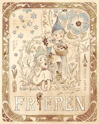  blue_flower blue_hair blue_hat commentary_request dress eating elf flower frieren hat highres himmel_(sousou_no_frieren) long_hair open_mouth pointy_ears short_hair sousou_no_frieren white_dress white_hair yu_(kochyan52) 