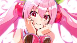  1girl bare_shoulders blush cherry_blossoms closed_mouth collarbone collared_shirt commentary_request falling_petals flower hair_between_eyes hands_on_own_cheeks hands_on_own_face haruwiti hatsune_miku highres long_hair looking_at_viewer necktie petals pink_eyes pink_flower pink_hair pink_necktie pink_petals pink_sleeves pink_trim portrait sakura_miku shirt sleeveless sleeveless_shirt smile solo twintails very_long_hair vocaloid white_shirt 