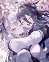  2girls absurdres aris_(blue_archive) blue_archive blue_halo blush closed_eyes closed_mouth commentary flower hair_between_eyes half_updo halo highres hug jacket kei_(blue_archive) kei_(new_body)_(blue_archive) long_hair multiple_girls one_eye_closed one_side_up open_mouth pink_eyes pink_halo plum_blossoms srnps untranslatable_commentary white_hair white_jacket 