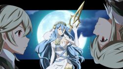  1boy 2girls azura_(fire_emblem) blue_hair commentary_request dual_persona female_corrin_(fire_emblem) fire_emblem fire_emblem_fates full_moon highres long_hair male_corrin_(fire_emblem) moon multiple_girls night pointy_ears polearm red_eyes star_(sky) toshi_(toshi10416) very_long_hair weapon yellow_eyes 