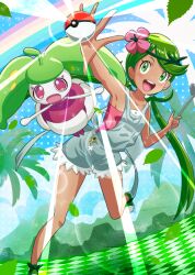  1girl :d at_kiwi commentary flower green_eyes green_hair green_shoes grey_overalls hair_flower hair_ornament happy holding holding_ladle ladle leg_up long_hair mallow_(pokemon) open_mouth overalls pink_flower pink_shirt pokemon pokemon_(creature) pokemon_sun_and_moon shirt shoes smile spread_fingers steenee swept_bangs teeth tongue twintails upper_teeth_only 