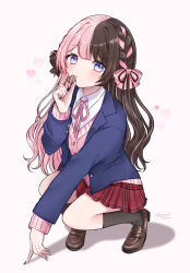  1girl black_socks blue_eyes blue_jacket bow braid brown_hair brown_nails brown_shoes candy cardigan chocolate collared_shirt commentary eating food full_body hair_bow heart heart-shaped_chocolate heart-shaped_food highres holding holding_chocolate holding_food jacket kneehighs loafers long_hair long_sleeves looking_at_viewer multicolored_hair neck_ribbon open_clothes open_jacket pink_bow pink_cardigan pink_hair pink_nails pink_ribbon pink_streaks pleated_skirt red_skirt ribbon school_uniform shirt shoes signature simple_background skirt socks solo split-color_hair squatting streaked_hair tachibana_hinano tama_3355 twin_braids untranslatable_commentary valentine virtual_youtuber vspo! white_background white_shirt 