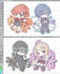  2boys 2girls 2o_oxo ahoge akamatsu_kaede alolan_vulpix art_program_in_frame black_hair blonde_hair blue_eyes blue_hair blue_outline bow brown_eyes brown_hair chibi chibi_only crossover danganronpa_(series) danganronpa_v3:_killing_harmony espeon full_body gekkoukan_high_school_uniform green_outline grid_background hair_between_eyes hat headphones holding holding_poke_ball jacket litwick long_hair long_sleeves looking_at_viewer multiple_boys multiple_crossover multiple_girls orange_outline outline pale_color persona persona_3 persona_3_portable pink_outline poke_ball pokemon pokemon_(creature) pombon ponytail red_eyes saihara_shuichi school_uniform shiomi_kotone shirt short_hair skirt skitty smile umbreon unown vulpix white_shirt yuuki_makoto_(persona_3) 