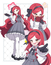  1girl absurdres bag black_bow black_bowtie black_gloves black_hairband black_shoes blue_archive blush book bow bowtie brooch cellphone closed_mouth collared_shirt commentary_request dress flat_chest frilled_dress frills full_body gloves grey_dress hair_bow hairband halo hand_on_own_hip handbag highres holding holding_book holding_phone jacket jewelry long_hair long_sleeves looking_at_viewer mary_janes multiple_views open_clothes open_jacket open_mouth pantyhose phone pink_bag pointing pointing_at_viewer red_hair red_halo shirt shirt_under_dress shoes smartphone sparkle swept_bangs takane_(blue_archive) v-shaped_eyebrows white_background white_jacket white_pantyhose white_shirt writing xuga yellow_eyes 