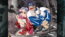  1boy 1girl 2000s_(style) albert_corraine anime_coloring armor asymmetrical_bangs atelier-moo battle black_gloves black_hair blue_headband blue_shirt braid breasts brown_eyes cave cheryl_christia game_cg glasses gloves hairband headband holding holding_notebook holding_pen holding_polearm holding_weapon long_hair medium_breasts motion_lines non-web_source notebook official_art open_mouth pants pen polearm purple_hair red_shirt ribbon shadow shirt short_hair short_sleeves shouting spiky_hair standing sweat tsurime weapon wide_sleeves yuukyuu_gensoukyoku 