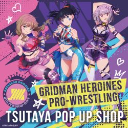  3girls absurdres arm_behind_head asymmetrical_legwear black_hair blue_eyes blue_gloves braid brown_hair commentary_request contrapposto copyright_name elbow_gloves facial_tattoo fingerless_gloves floating_hair gloves green_eyes gridman_universe hair_ornament high_ponytail highres long_hair looking_at_viewer minami_yume multiple_girls navel official_art open_mouth pink_gloves pink_shorts pointing pointing_at_viewer ponytail purple_gloves purple_hair purple_shorts red_eyes shinjou_akane short_hair shorts smile ssss.dynazenon ssss.gridman takarada_rikka tattoo twin_braids white_shorts wrestling_outfit 