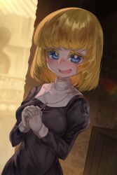  1girl black_dress blonde_hair blue_eyes box breasts bright_pupils character_request copyright_request cross cross_necklace dress gloves guimpe highres jewelry juliet_sleeves long_sleeves m0_chi medium_breasts medium_hair necklace nun open_mouth own_hands_together puffy_sleeves rosary solo upper_body white_gloves 