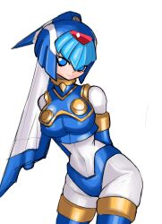  1girl absurdres android blue_eyes blue_helmet breasts crop_top crossed_arms fairy_leviathan_(mega_man) fins gem head_fins helmet highres mega_man_(series) mega_man_zero_(series) rememberthesea robot_girl skindentation solo thigh-highs 