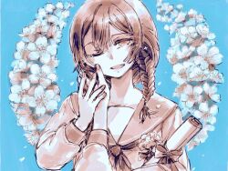  1girl 1other alter_ego_(game) alternate_costume alternate_universe blush bouquet braid breasts collarbone couple es_(alter_ego) flower graduation hand_on_another's_cheek hand_on_another's_face hand_on_another's_hand head_tilt japanese_clothes long_sleeves looking_at_another medium_hair neckerchief partially_colored petals pink_eyes sailor_collar school_uniform serafuku single_braid small_breasts solo_focus tears tsundoku wiping_tears 