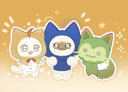  :3 ahoge animal animal_focus blue_shirt bow bowtie brown_eyes cat character_request chinese_commentary cloak clothed_animal colorpoint_(pattern) commentary_request copyright_request crossover ear_covers gradient_hair halftone hanmengcanyan highres hood hood_up hooded_cloak hooded_shirt infinity_nikki leaf light_blush meow_mech momo_(nikki) multicolored_hair nikki_(series) no_humans notice_lines open_mouth outline pawpads red_bow red_bowtie roco_kingdom roco_kingdom:_world shirt siamese_cat smile sparkle standing star_(symbol) traditional_bowtie wavy_mouth white_cat white_outline x_navel yellow_background yellow_cloak 