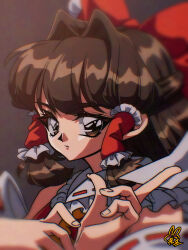 1girl absurdres bow bowtie brown_eyes brown_hair commentary_request hair_bow hair_intakes hair_tubes hakurei_reimu highres holding holding_ofuda looking_at_viewer ofuda red_bow red_bowtie retro_artstyle solo touhou utyouten_akako 