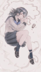  1girl bandaged_head bandaged_neck bandages black_hair commentary_request expressionless full_body highres juusan_kihei_bouei_ken loafers looking_at_viewer medicine medicine_bottle medium_hair oreoliekkeive pill school_uniform serafuku shinonome_ryouko_(juusan_kihei_bouei_ken) shoes skirt solo white_eyes 