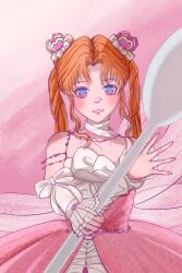  1girl arm_bow arm_warmers back_bow bare_shoulders bead_armlet bead_necklace beads blonde_hair blue_eyes bow bowtie chinese_commentary choker colored_eyelashes commentary_request cone_hair_bun cowboy_shot double_bun dreamtime_bestowed_(infinity_nikki) dress frilled_arm_warmers frills gem gem_hair_ornament gradient_eyes hair_bow hair_bun happy heart-shaped_gem highres holding holding_spoon infinity_nikki jewelry layered_dress liangmu_liliang light_blush lipstick long_hair makeup multicolored_eyes neck_ribbon necklace nikki_(series) nostrils outstretched_arm oversized_object parted_bangs parted_lips pink_background pink_bow pink_dress pink_eyes pink_gem pink_lips pink_ribbon ribbon see-through_bow sidelocks sleeveless sleeveless_dress smile solo spaghetti_strap spoon standing straight-on striped_bow twintails wavy_hair white_arm_warmers white_bow white_bowtie white_choker white_dress wrist_bow 