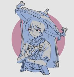  1boy anthemspices armor averting_eyes blunt_ends box choppy_bangs commentary cropped_torso eyeliner furisode genshin_impact gift gift_box hand_on_own_arm hat highres holding holding_gift japanese_armor japanese_clothes jewelry jingasa juban kimono kote light_blush looking_to_the_side makeup male_focus mandarin_collar neck_ring open_clothes open_kimono parted_lips pink_background red_eyeliner ribbon rope sash scaramouche_(genshin_impact) shimenawa short_sleeves simple_background solo spot_color tilted_headwear tsurime untranslatable_commentary veil white_background 