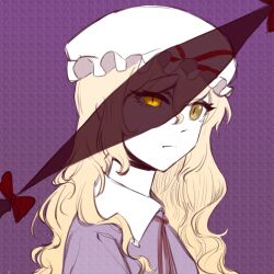  1girl bow commentary_request dress dual_persona gap_(touhou) hat hat_bow highres korean_commentary long_hair looking_at_viewer lovelobten maribel_hearn mob_cap purple_background purple_dress shirt slit_pupils touhou white_hat yakumo_yukari yellow_eyes yukari_is_merry_theory_(touhou) 