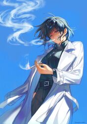  1girl belt black_eyes black_hair black_shirt blue_sky bob_cut cigarette clear_sky coat collared_shirt commentary cowboy_shot floating_hair from_below han_sooyoung han_sooyoung_(1863rd_turn) hand_in_pocket head_tilt highres holding holding_cigarette long_coat omniscient_reader's_viewpoint open_clothes open_coat papercider partially_shaded_face shirt shirt_tucked_in short_hair sidelighting sky smoke smoke_trail smoking solo untranslatable_commentary white_coat 