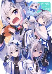  1girl amane_kanata amane_kanata_(work) apple_juice beret black_bow black_dress black_gloves black_ribbon blue_hair blunt_bangs bow bread check_commentary clenched_hand closed_mouth collage colored_inner_hair commentary_request double-parted_bangs dress drink_carton drinking eating food from_side gloves grey_hair gun hair_bow hair_intakes hair_ornament hairclip halo hand_up handgun hands_up hat hikawa_shou holding holding_drink_carton holding_gun holding_juice_box holding_weapon hololive hood hood_down hooded_jacket hugging_own_legs jacket jewelry juice juice_box long_hair long_sleeves looking_at_viewer multicolored_hair multiple_views neck_ribbon necklace open_mouth outline partially_fingerless_gloves ribbon sitting smile star_(symbol) star_hair_ornament star_halo two_side_up upao_(amane_kanata) violet_eyes virtual_youtuber weapon white_hat white_jacket white_outline 