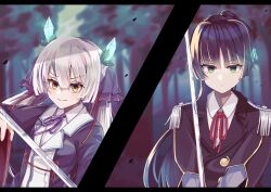  >:) 2girls absurdres black_border black_jacket black_robe blonde_hair blunt_bangs blunt_ends blurry blurry_background border buttons closed_mouth collared_shirt commentary_request epaulettes fake_horns fighting_stance forest frown green_eyes grey_hair hair_ribbon heaven_burns_red highres hime_cut holding holding_sword holding_weapon horns jacket katana long_hair long_sleeves looking_at_viewer multiple_girls natsume_inori nature neck_ribbon ogasahara_hisame open_clothes open_robe outdoors ponytail purple_ribbon red_pupils red_ribbon ribbon robe shirt sidelocks siromochino smile smug split_mouth sword twintails upper_body v-shaped_eyebrows very_long_hair weapon white_shirt wide_sleeves yellow_eyes 