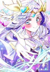  1girl absurdres artist_name blue_eyes closed_mouth commentary cure_earth dress earrings foreshortening fuurin_asumi gloves hair_ornament hair_ribbon healin'_good_precure heart heart_hair_ornament highres jewelry light_particles long_hair looking_at_viewer magical_girl pixiv_logo pixiv_username potacure precure purple_dress purple_hair purple_theme reaching reaching_towards_viewer ribbon signature smile solo sparkle tiara twitter_username twitter_x_logo very_long_hair white_gloves yellow_ribbon 