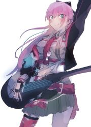  1girl aikawa_megumi aikawa_megumi_(special_night_girls_jam) asymmetrical_legwear closed_mouth electric_guitar fingerless_gloves gloves green_eyes guitar heaven_burns_red highres holding holding_guitar holding_instrument htpny instrument jacket long_hair looking_at_viewer mismatched_legwear necktie pink_hair pink_necktie simple_background skirt white_background 