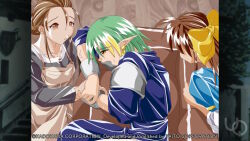  2000s_(style) 3girls anime_coloring apron arisa_astia atelier-moo blonde_hair blue_capelet blue_robe bow breasts brown_apron brown_eyes brown_hair capelet collarbone colored_tips elf elle_louise faceless faceless_female game_cg green_hair grey_shirt hair_between_eyes hair_bow hair_bun hair_slicked_back indoors long_hair long_sleeves mature_female medium_breasts multicolored_hair multiple_girls non-web_source official_art open_mouth parted_lips pointy_ears raised_inner_eyebrows ribbon-trimmed_capelet ribbon_trim robe shirt short_hair sidelocks sweat tareme trisha_foster yellow_bow yellow_eyes yuukyuu_gensoukyoku 