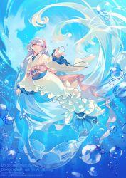  1girl absurdly_long_hair air_bubble blue_nails blue_scales blue_sky blue_tail blush bubble clouds cloudy_sky commentary_request coral_hair_ornament dot_nose fins flower frilled_kimono frills full_body hair_ornament highres japanese_clothes kimono light_rays long_hair long_sidelocks looking_at_viewer merfolk mermaid monster_girl nail_polish obi obiage obidome obijime open_mouth original outstretched_arm pearl_belt pink_eyes sash seashell shell sidelocks sky solo string_of_pearls tail tail_ornament tail_ring toumin_(onemunemu99) twitter_username underwater veil very_long_hair watermark white_hair white_kimono wide_sleeves 