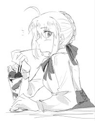  1girl ahoge artist_name artoria_pendragon_(fate) blush bow bowtie braid braided_bun breasts closed_mouth collared_shirt commentary_request criss-cross_straps cup drinking_glass eating fate/stay_night fate_(series) food from_behind greyscale hair_between_eyes hair_bow hair_bun hand_up high-waist_skirt highres holding holding_cup holding_spoon huge_ahoge ice_cream long_sleeves looking_at_viewer medium_breasts monochrome nedameman notice_lines puffy_long_sleeves puffy_sleeves saber_(fate) shirt short_hair sidelocks simple_background sitting skirt solo spoon sundae table upper_body 