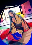  blue_hair brown_eyes japanese_clothes kimono long_hair morifumi sitting smile tatami 