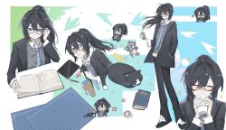  ! !! 1girl =_= ^_^ absurdres alternate_costume animification arrow_(symbol) artist_request bespectacled black-framed_eyewear black_pants black_shoes blue_necktie blush book carrying carrying_under_arm cat chibi chibi_inset chinese_commentary clipboard closed_eyes closed_mouth collared_shirt commentary_request commission cup drawn_flower drinking_straw frilled_pants frills full_body glasses graph_paper grey_sweater hair_between_eyes hair_intakes hand_in_pocket hand_on_own_chest hand_up heart highres holding holding_clipboard holding_cup lapels long_hair long_sleeves mole mole_under_eye multiple_views necktie ninjago nya_(ninjago) open_mouth pants pen pencil petting reading semi-rimless_eyewear shirt shoes sparkle standing striped_clothes striped_necktie studying stuffed_animal stuffed_toy sweater tablet_pc teddy_bear white_shirt wing_collar 