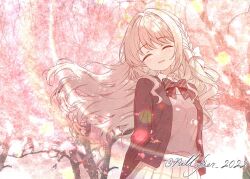  1girl arm_behind_back blue_archive bow bowtie cherry_blossoms closed_eyes collared_shirt commentary_request diagonal-striped_bow diagonal-striped_bowtie diagonal-striped_clothes grey_hair hair_bow halo jacket long_sleeves miyo_(blue_archive) nillfier_2022 open_mouth pleated_skirt shirt skirt solo striped_bow striped_bowtie striped_clothes sunlight twitter_username white_bow white_shirt white_skirt yellow_halo 