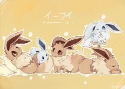  5others absurdres alternate_color artist_name black_eyes black_sclera blue_eyes blue_sclera blush brown_eyes brown_fur brown_sclera closed_eyes closed_mouth colored_sclera dot_mouth dot_nose droopy_ears eevee fluffy full_body grey_fur highres jitome looking_at_viewer lying multiple_others neck_fur no_humans official_alternate_color on_stomach outline parted_lips pokemon pokemon_(creature) pokemon_focus purpleninfy shiny_and_normal shiny_pokemon slit_pupils standing string sweatdrop two-tone_fur white_fur white_outline yellow_background 