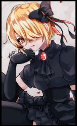  1girl :p ascot black_ascot black_border black_bow black_corset black_dress black_gloves black_ribbon black_thighhighs blonde_hair border bow breasts brooch closed_mouth collared_dress corset cowboy_shot dress dutch_angle elbow_gloves frilled_corset frilled_dress frills gloves grey_background hair_bow hair_over_one_eye hair_ribbon hand_up heaven_burns_red highres jewelry kayamori_ruka kayamori_ruka_(cardinal_reverberations) large_breasts licking_lips long_bangs looking_at_viewer official_alternate_costume one_eye_covered puffy_short_sleeves puffy_sleeves red_eyes red_ribbon ribbon short_dress short_hair short_sleeves signature simple_background siromochino sitting smile solo thigh-highs tongue tongue_out 
